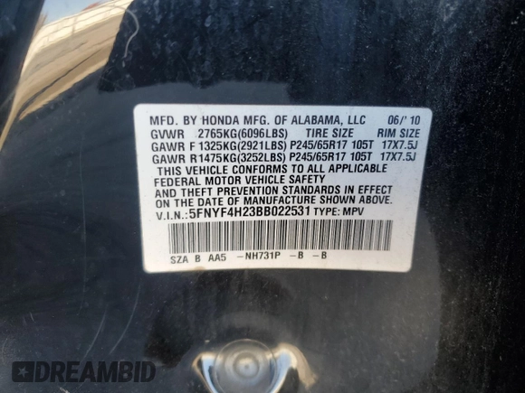 2011 Honda Pilot LX with VIN 5FNYF4H23BB022531, listed as a Copart auction lot 85998514 with 185,878 mi miles and Salvage Title. Bid and sale history available at DreamBid. Image 14.