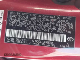 2007 Toyota Prius with VIN JTDKB20U377684819, listed as a IAAI auction lot 41815818 with 223,291 mi miles and . Bid and sale history available at DreamBid. Image 9.