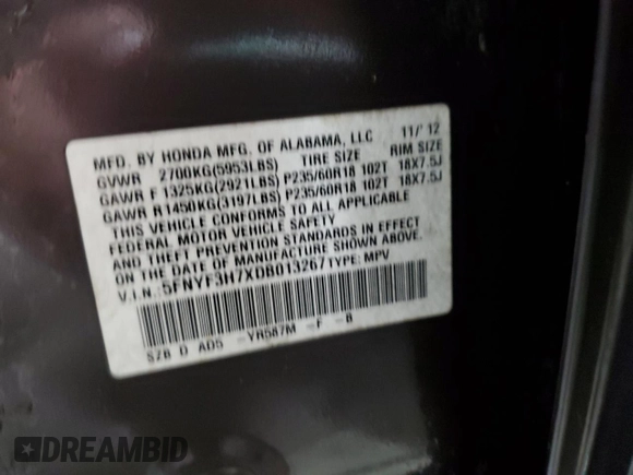 2013 Honda Pilot EX-L with VIN 5FNYF3H7XDB013267, listed as a Copart auction lot 87537315 with 163,363 mi miles and Salvage title. Bid and sale history available at DreamBid. Image 13.