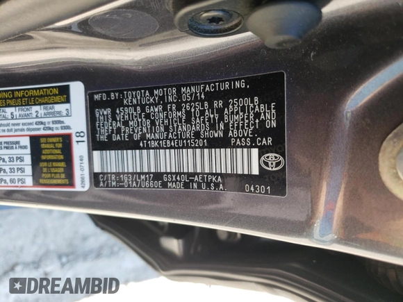 2014 Toyota Avalon Limited with VIN 4T1BK1EB4EU115201, listed as a Copart auction lot 54879315 with 87,098 mi miles and Salvage Title. Bid and sale history available at DreamBid. Image 12.