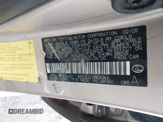2005 Lexus ES 350 with VIN JTHBA30G755106720, listed as a IAAI auction lot 41305656 with 225,625 mi miles and . Bid and sale history available at DreamBid. Image 9.