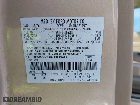 2007 Ford Escape Limited with VIN 1FMCU94187KB59285, listed as a IAAI auction lot 42773968 with 161,709 mi miles and . Bid and sale history available at DreamBid. Image 9.