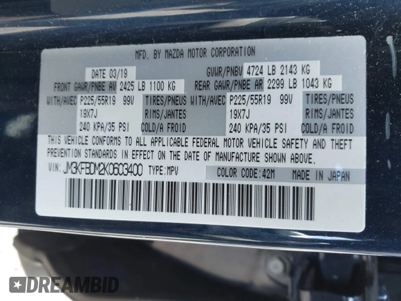 2019 Mazda CX-5 Grand Touring with VIN JM3KFBDM2K0603400, listed as a IAAI auction lot 42051135 with 59,448 mi miles and . Bid and sale history available at DreamBid. Image 9.