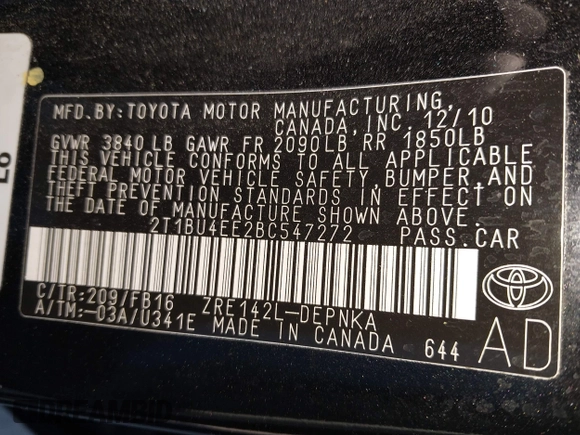 2011 Toyota Corolla L with VIN 2T1BU4EE2BC547272, listed as a IAAI auction lot 42067240 with 175,982 mi miles. Bid and sale history available at carsss.com. Image 9.