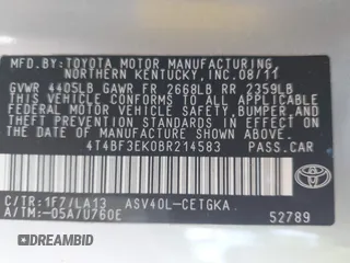 2011 Toyota Camry LE z VIN 4T4BF3EK0BR214583, wystawiony jako IAAI lot #42145861 z przebiegiem 70 789 mil mil oraz . Historia ofert i sprzedaży dostępna na DreamBid. Obrazek 9.
