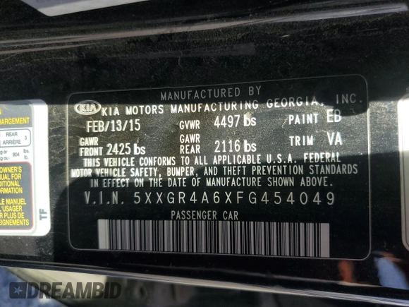 2015 Kia Optima SX Turbo with VIN 5XXGR4A6XFG454049, listed as a Copart auction lot 52217185 with 115,675 mi miles and Salvage Title. Bid and sale history available at carsss.com. Image 15.
