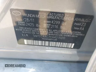 2012 Hyundai Sonata Limited with VIN 5NPEC4AC7CH427020, listed as a IAAI auction lot 39544014 with 114,008 mi miles and . Bid and sale history available at DreamBid. Image 9.
