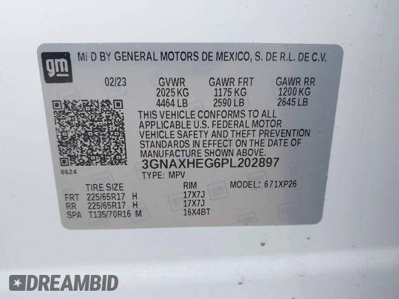 2023 Chevrolet Equinox LS with VIN 3GNAXHEG6PL202897, listed as a IAAI auction lot 42433147 with 14,973 mi miles and . Bid and sale history available at DreamBid. Image 9.