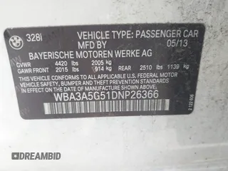 2013 BMW 3 Series 328i z VIN WBA3A5G51DNP26366, wystawiony jako IAAI lot #42562204 z przebiegiem 178 561 mil mil oraz . Historia ofert i sprzedaży dostępna na DreamBid. Obrazek 9.