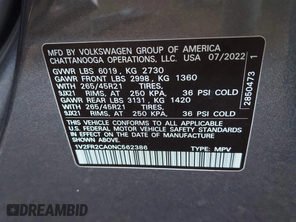 2022 Volkswagen Atlas SEL Premium R-Line с VIN 1V2FR2CA0NC562386, выставлен на аукционе IAAI как лот 42610040 с пробегом 24 039 миль миль и . История ставок и продаж доступна на DreamBid. Изображение 9.