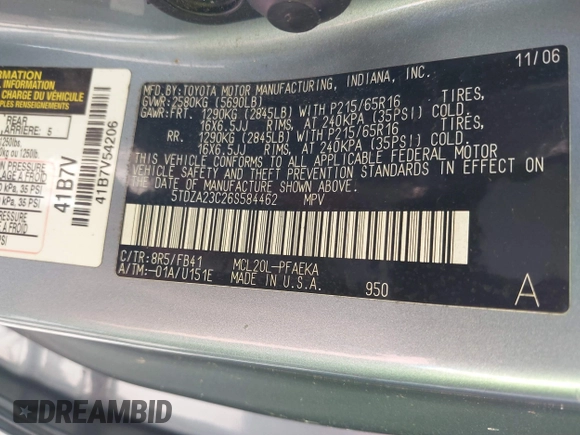 2006 Toyota Sienna CE with VIN 5TDZA23C26S584462, listed as a IAAI auction lot 41532297 with Not Provided miles and . Bid and sale history available at DreamBid. Image 9.