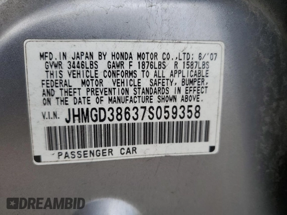 2007 Honda Fit Sport with VIN JHMGD38637S059358, listed as a Copart auction lot 72783224 with 0 mi miles and Salvage Title. Bid and sale history available at carsss.com. Image 12.