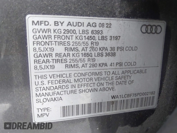 2023 Audi Q7 Premium Plus with VIN WA1LCBF75PD002182, listed as a IAAI auction lot 41660226 with 19,164 mi miles and . Bid and sale history available at DreamBid. Image 9.