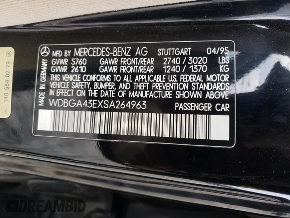 1995 Mercedes-Benz S with VIN WDBGA43EXSA264963, listed as a Copart auction lot 85515534 with 155,778 mi miles and Clean Title. Bid and sale history available at DreamBid. Image 12.