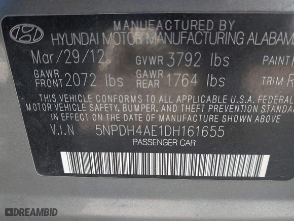 2013 Hyundai Elantra GLS PZEV with VIN 5NPDH4AE1DH161655, listed as a IAAI auction lot 41455556 with 278,893 mi miles. Bid and sale history available at carsss.com. Image 9.