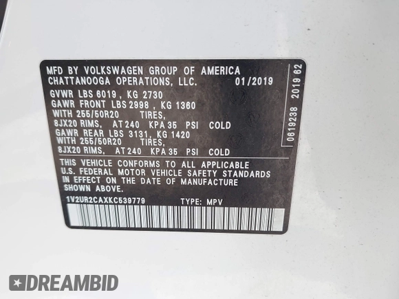 2019 Volkswagen Atlas SE z VIN 1V2UR2CAXKC539779, wystawiony jako IAAI lot #42188614 z przebiegiem 49 994 mil mil oraz . Historia ofert i sprzedaży dostępna na DreamBid. Obrazek 9.