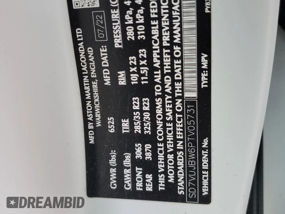 2023 Aston Martin DBX 707 z VIN SD7VUJBW6PTV05731, wystawiony jako Copart lot #84591074 z przebiegiem Nie podano mil oraz Szkoda całkowita • Salvage title. Historia ofert i sprzedaży dostępna na DreamBid. Obrazek 13.