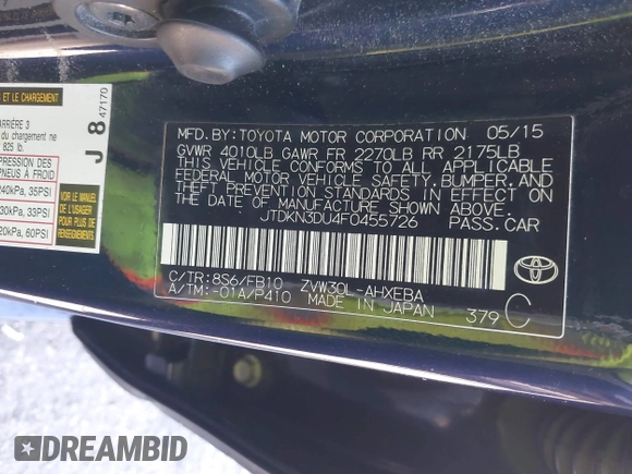 2015 Toyota Prius Four with VIN JTDKN3DU4F0455726, listed as a IAAI auction lot 41308107 with 164,778 mi miles and . Bid and sale history available at DreamBid. Image 9.