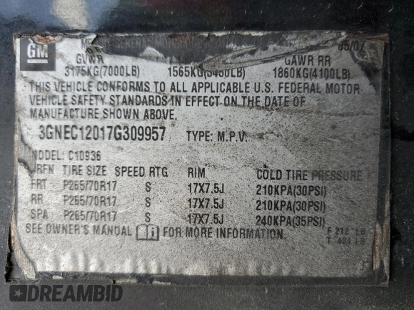 2007 Chevrolet Avalanche LS z VIN 3GNEC12017G309957, wystawiony jako Copart lot #49666225 z przebiegiem 215 109 mil mil oraz Szkoda całkowita • Salvage title. Historia ofert i sprzedaży dostępna na DreamBid. Obrazek 12.