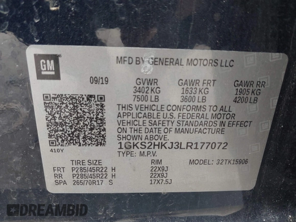 2020 GMC Yukon XL Denali with VIN 1GKS2HKJ3LR177072, listed as a IAAI auction lot 41879461 with 102,971 mi miles. Bid and sale history available at carsss.com. Image 9.