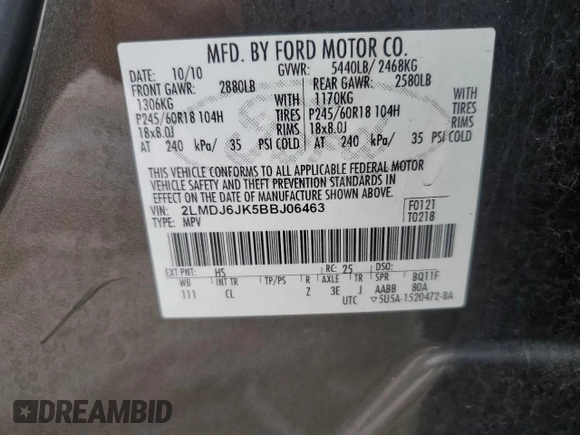 2011 Lincoln MKX z VIN 2LMDJ6JK5BBJ06463, wystawiony jako Copart lot #60041285 z przebiegiem 195 915 mil mil oraz Szkoda całkowita • Salvage title. Historia ofert i sprzedaży dostępna na DreamBid. Obrazek 13.