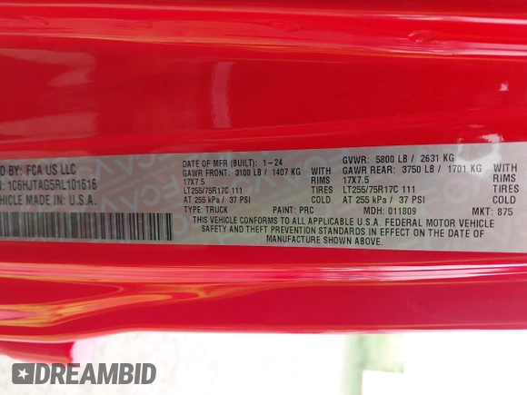 2024 Jeep Gladiator Sport with VIN 1C6HJTAG5RL101616, listed as a IAAI auction lot 42156992 with 31,824 mi miles and . Bid and sale history available at DreamBid. Image 9.