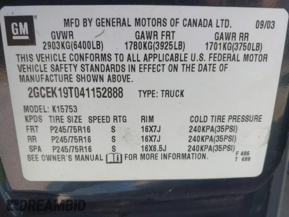2004 Chevrolet Silverado 1500 Z71 with VIN 2GCEK19T041152888, listed as a IAAI auction lot 42121958 with 109,050 mi miles. Bid and sale history available at carsss.com. Image 9.