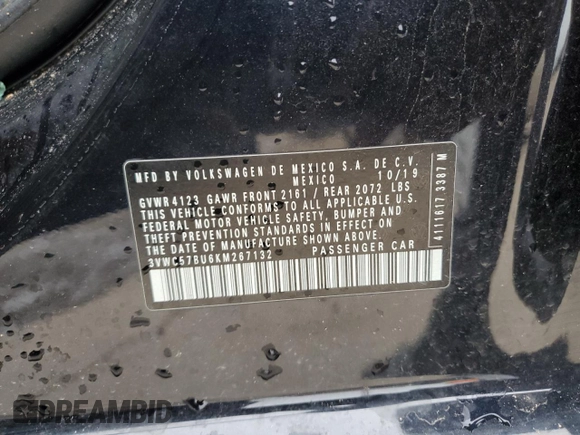 2019 Volkswagen Jetta S with VIN 3VWC57BU6KM267132, listed as a Copart auction lot 55361395 with Not provided miles and Salvage title. Bid and sale history available at DreamBid. Image 12.