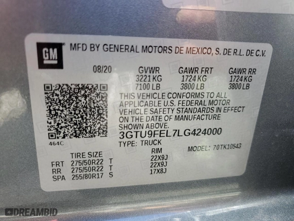 2020 GMC Sierra 1500 Denali with VIN 3GTU9FEL7LG424000, listed as a Copart auction lot 47012455 with 30,398 mi miles and Salvage Title. Bid and sale history available at carsss.com. Image 13.