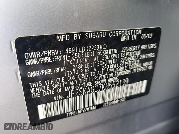 2019 Subaru Forester Premium with VIN JF2SKAGC7KH552139, listed as a IAAI auction lot 42566945 with 204,278 mi miles and . Bid and sale history available at DreamBid. Image 28.