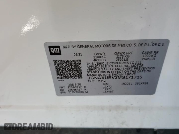 2021 Chevrolet Equinox LT z VIN 3GNAXUEV3MS171715, wystawiony jako Copart lot #59274035 z przebiegiem 45 077 mil mil oraz Szkoda całkowita • Salvage title. Historia ofert i sprzedaży dostępna na DreamBid. Obrazek 13.