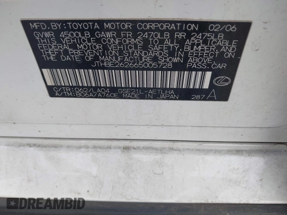 2006 Lexus IS 350 with VIN JTHBE262665005728, listed as a IAAI auction lot 42065003 with Not Provided miles and . Bid and sale history available at DreamBid. Image 9.