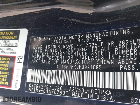 2015 Toyota Camry XLE with VIN 4T1BF1FK9FU921085, listed as a IAAI auction lot 41376788 with 169,884 mi miles and . Bid and sale history available at DreamBid. Image 9.