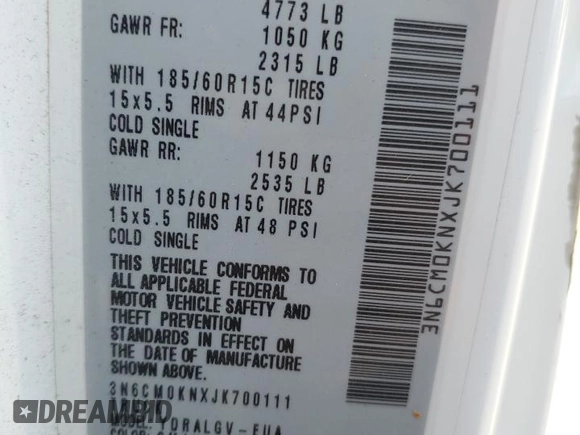 2018 Nissan NV200 SV z VIN 3N6CM0KNXJK700111, wystawiony jako Copart lot #53747595 z przebiegiem Nie podano mil oraz Szkoda całkowita • Salvage title. Historia ofert i sprzedaży dostępna na DreamBid. Obrazek 14.