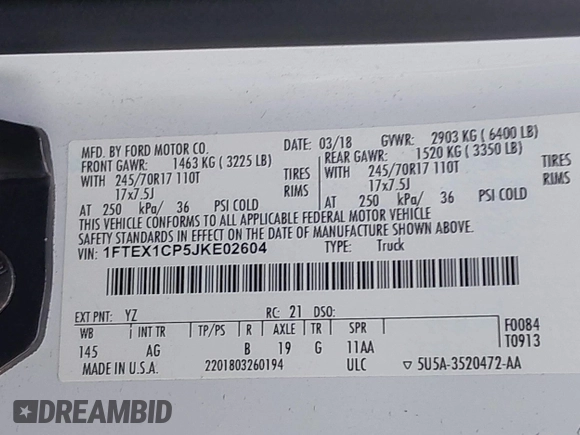 2018 Ford F-150 XL with VIN 1FTEX1CP5JKE02604, listed as a IAAI auction lot 42490050 with 171,521 mi miles and . Bid and sale history available at DreamBid. Image 9.