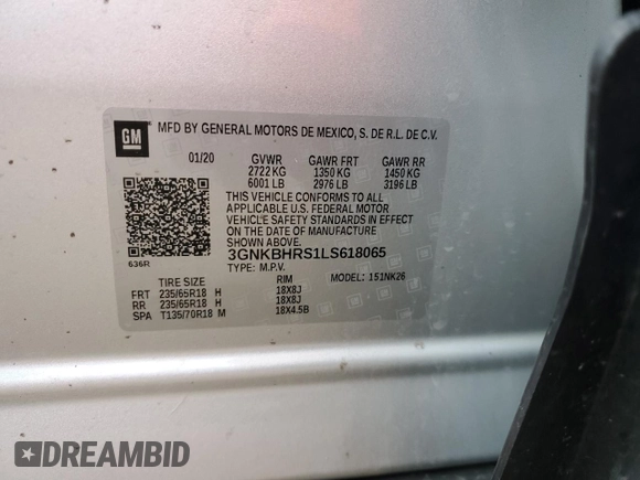 2020 Chevrolet Blazer LT with VIN 3GNKBHRS1LS618065, listed as a Copart auction lot 52375015 with 57,904 mi miles and Salvage title. Bid and sale history available at DreamBid. Image 13.