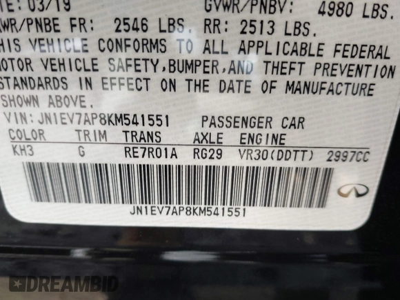 2019 Infiniti Q50 3.0t LUXE with VIN JN1EV7AP8KM541551, listed as a IAAI auction lot 41534608 with 66,273 mi miles. Bid and sale history available at carsss.com. Image 9.