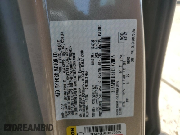 2015 Ford Fusion SE Hybrid with VIN 3FA6P0LU8FR172005, listed as a Copart auction lot 56831955 with 61,379 mi miles and Salvage title. Bid and sale history available at DreamBid. Image 12.
