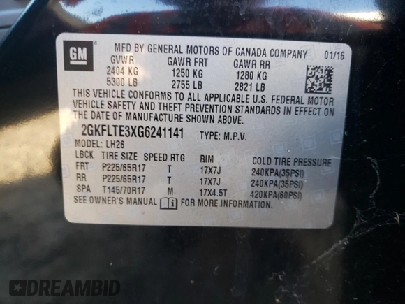 2016 GMC Terrain SLE with VIN 2GKFLTE3XG6241141, listed as a Copart auction lot 58120012 with 157,833 mi miles and Non Repairable. Bid and sale history available at DreamBid. Image 10.