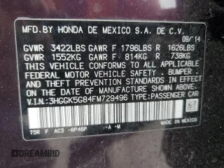 2015 Honda Fit EX with VIN 3HGGK5G84FM729496, listed as a Copart auction lot 55996315 with 91,310 mi miles and Salvage title. Bid and sale history available at DreamBid. Image 13.