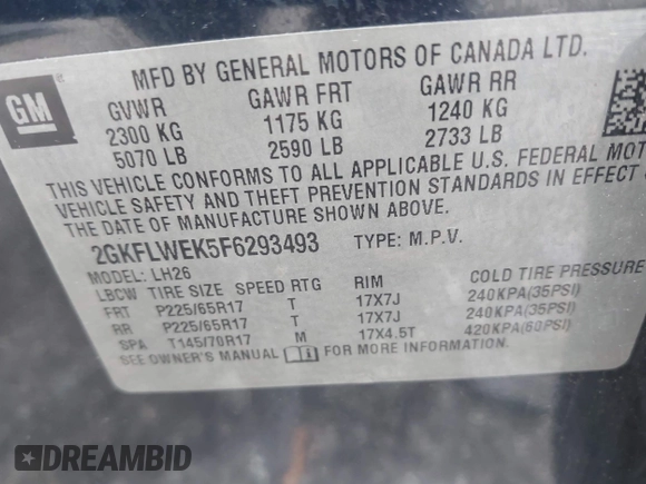 2015 GMC Terrain SLE with VIN 2GKFLWEK5F6293493, listed as a IAAI auction lot 41896627 with 151,244 mi miles and . Bid and sale history available at carsss.com. Image 9.