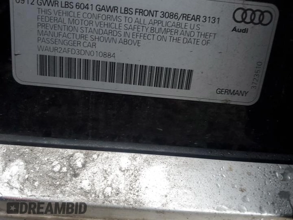 2013 Audi A8 4.0L with VIN WAUR2AFD3DN010884, listed as a Copart auction lot 42517495 with 123,212 mi miles and Salvage title. Bid and sale history available at DreamBid. Image 13.