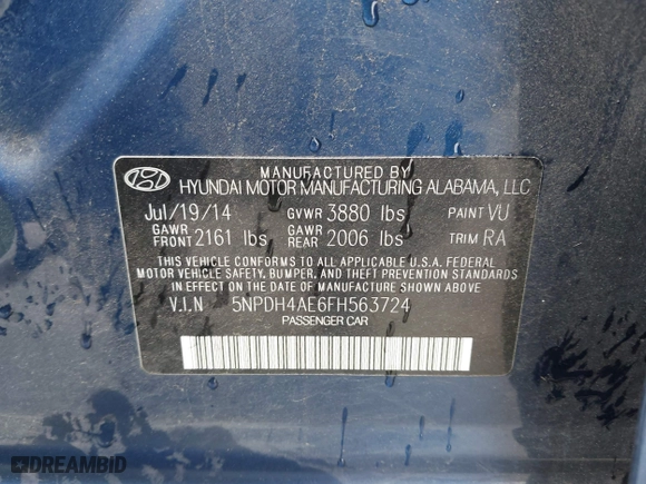2015 Hyundai Elantra SE with VIN 5NPDH4AE6FH563724, listed as a IAAI auction lot 42082277 with 161,746 mi miles. Bid and sale history available at carsss.com. Image 9.