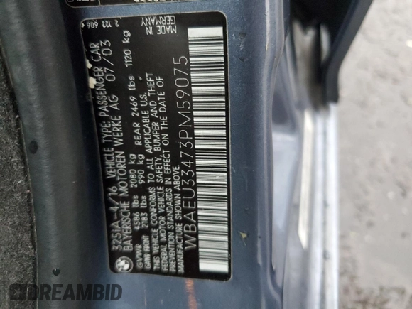 2003 BMW 3 Series 325xi with VIN WBAEU33473PM59075, listed as a Copart auction lot 51920675 with 145,096 mi miles and Salvage Title. Bid and sale history available at carsss.com. Image 12.