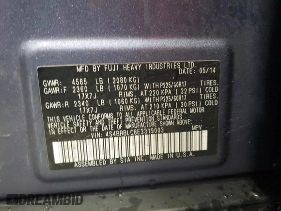 2014 Subaru Outback Limited with VIN 4S4BRBLC8E3319003, listed as a Copart auction lot 50806995 with 146,612 mi miles and Salvage Title. Bid and sale history available at DreamBid. Image 15.