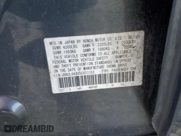 2005 Acura TSX with VIN JH4CL968X5C012151, listed as a Copart auction lot 54539365 with 223,930 mi miles and Salvage title. Bid and sale history available at DreamBid. Image 12.