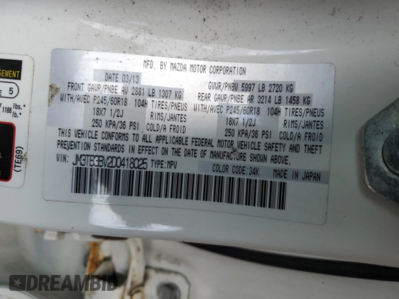 2013 Mazda CX-9 Sport with VIN JM3TB3BV2D0418025, listed as a Copart auction lot 55466635 with 91,402 mi miles and Salvage title. Bid and sale history available at DreamBid. Image 13.