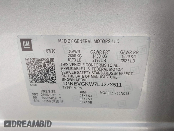 2020 Chevrolet Traverse LT Cloth with VIN 1GNEVGKW7LJ273511, listed as a IAAI auction lot 42366967 with 60,272 mi miles and . Bid and sale history available at DreamBid. Image 9.