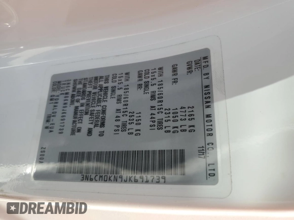 2018 Nissan NV200 S with VIN 3N6CM0KN9JK691739, listed as a Copart auction lot 66899894 with 183,504 mi miles and Salvage title. Bid and sale history available at DreamBid. Image 13.