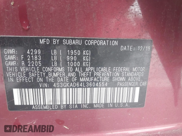 2020 Subaru Impreza Premium с VIN 4S3GKAD64L3604554, выставлен на аукционе IAAI как лот 42315171 с пробегом 61 484 миль миль и . История ставок и продаж доступна на DreamBid. Изображение 9.